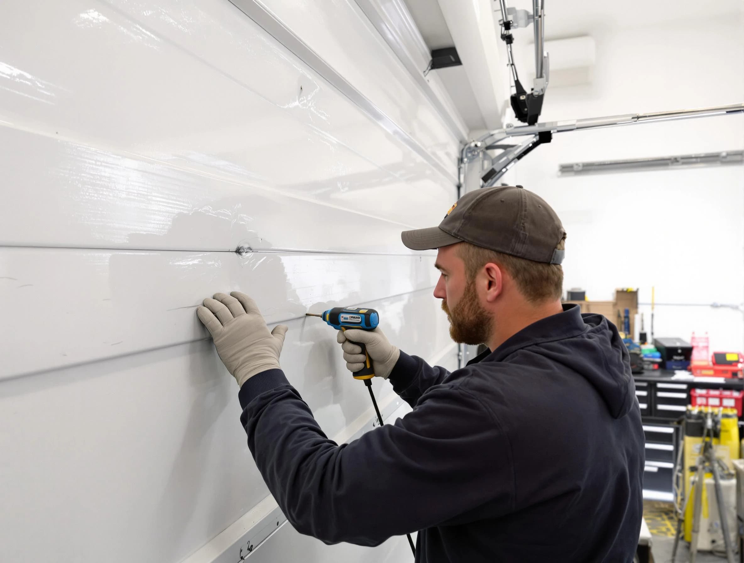 Mountain Green Garage Door Repair technician demonstrating precision dent removal techniques on a Mountain Green garage door